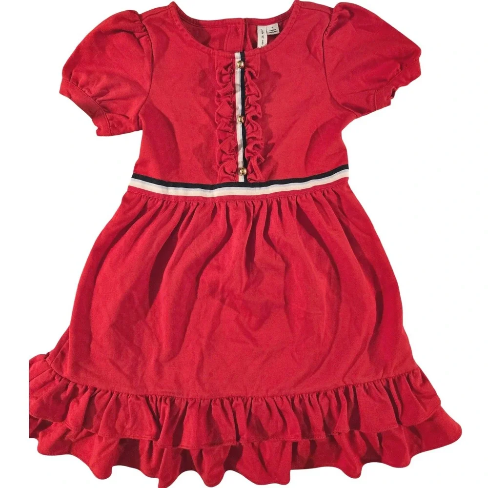 Janie and Jack Red Ruffle Dress Gold Button Sailor Stripe Kids Size 6‎